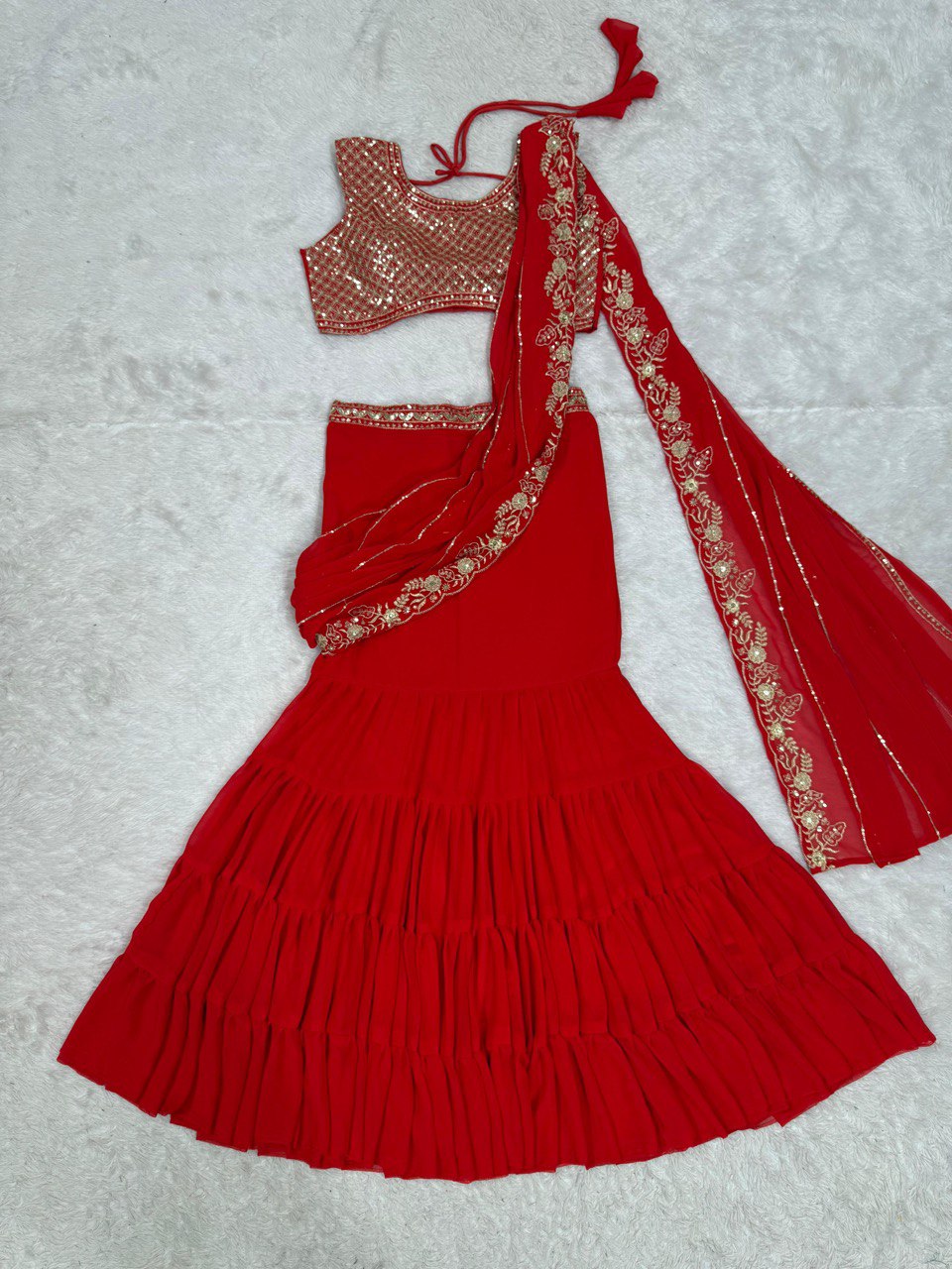 Red Ready-to-Wear Ruffle Style Georgette Lehenga Saree with Thread & Sequin Work ClothsVilla