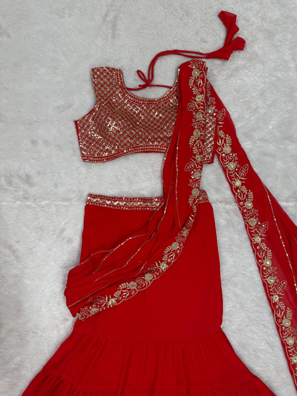 Red Ready-to-Wear Ruffle Style Georgette Lehenga Saree with Thread & Sequin Work ClothsVilla