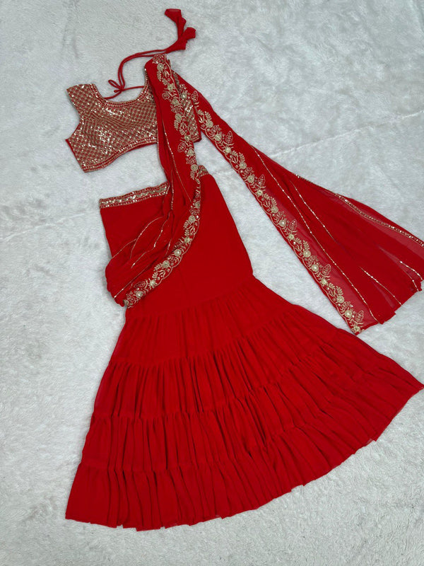 Red Ready-to-Wear Ruffle Style Georgette Lehenga Saree with Thread & Sequin Work ClothsVilla
