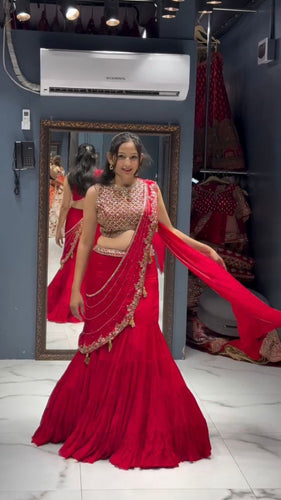 Red Ready-to-Wear Ruffle Style Georgette Lehenga Saree with Thread & Sequin Work ClothsVilla