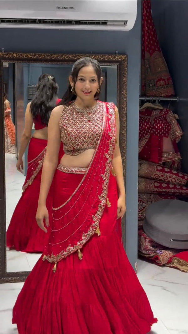 Red Ready-to-Wear Ruffle Style Georgette Lehenga Saree with Thread & Sequin Work ClothsVilla