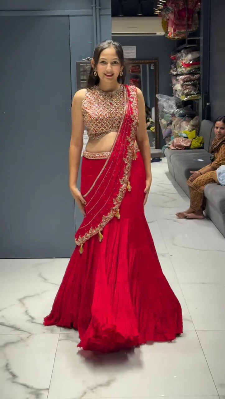 Red Ready-to-Wear Ruffle Style Georgette Lehenga Saree with Thread & Sequin Work ClothsVilla