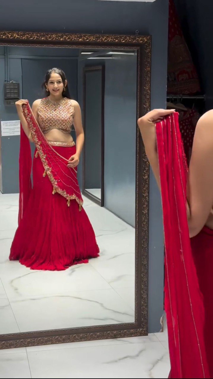 Red Ready-to-Wear Ruffle Style Georgette Lehenga Saree with Thread & Sequin Work ClothsVilla