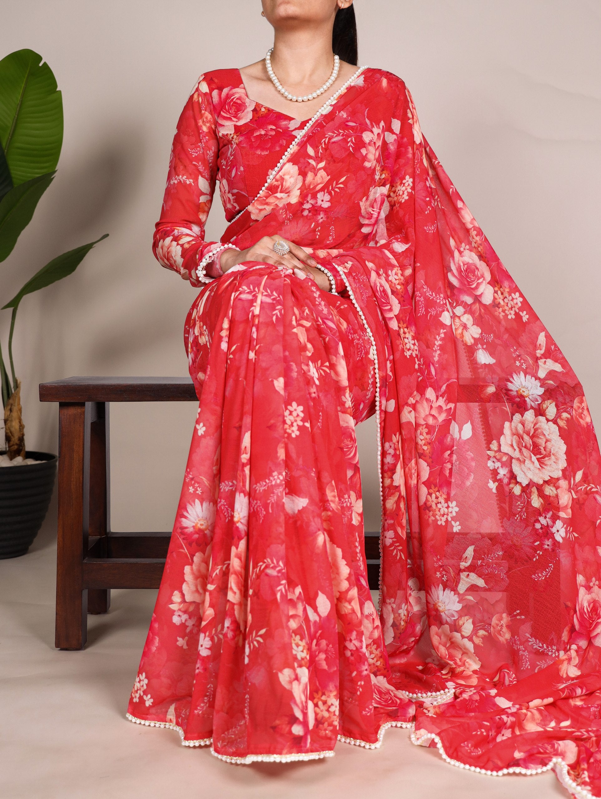 Red Refined Beauty Weightless Marble Printed Saree with Pearl Lace Border
