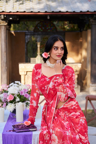 Red Refined Beauty Weightless Marble Printed Saree with Pearl Lace Border Clothsvilla