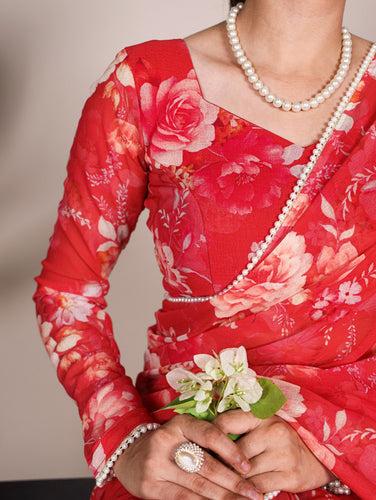 Red Refined Beauty Weightless Marble Printed Saree with Pearl Lace Border