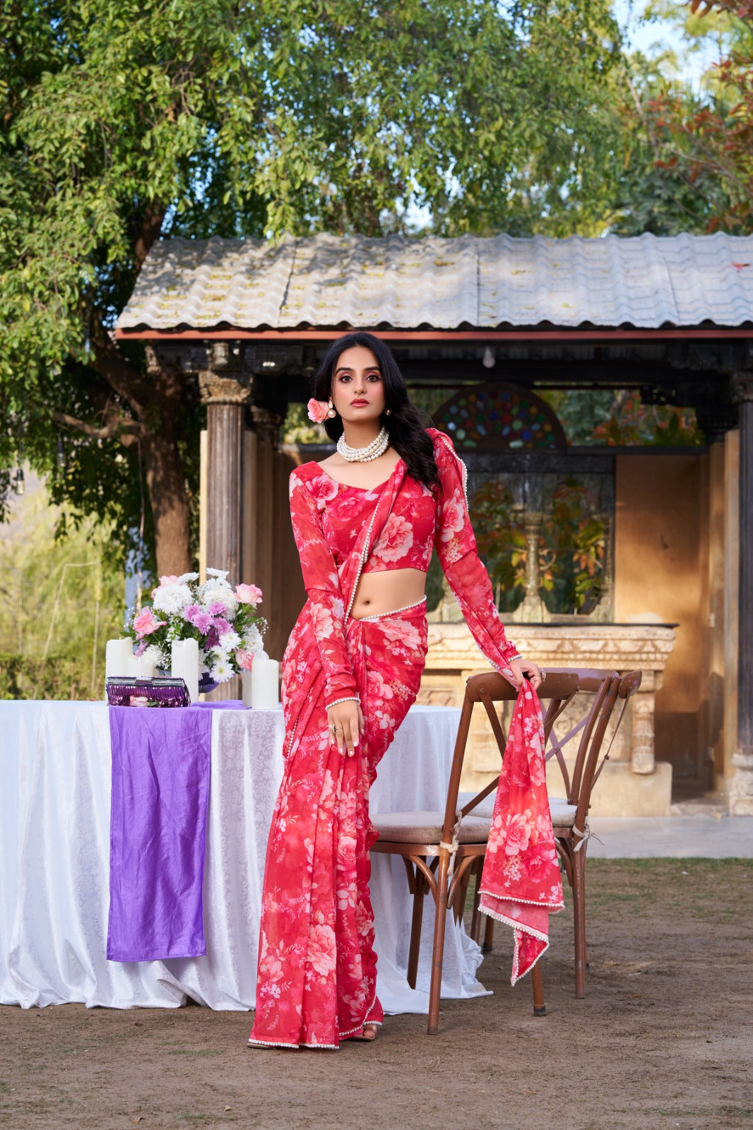 Red Refined Beauty Weightless Marble Printed Saree with Pearl Lace Border Clothsvilla