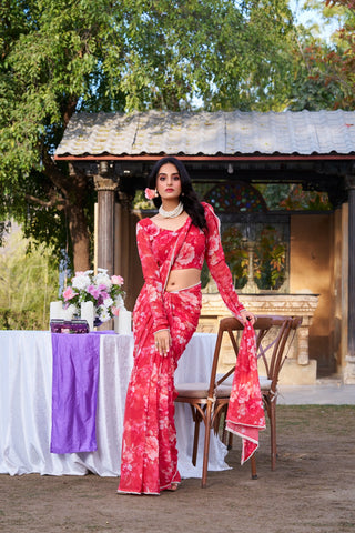 Red Refined Beauty Weightless Marble Printed Saree with Pearl Lace Border Clothsvilla