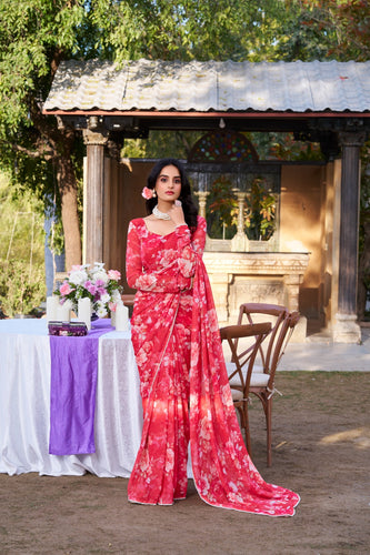 Red Refined Beauty Weightless Marble Printed Saree with Pearl Lace Border Clothsvilla