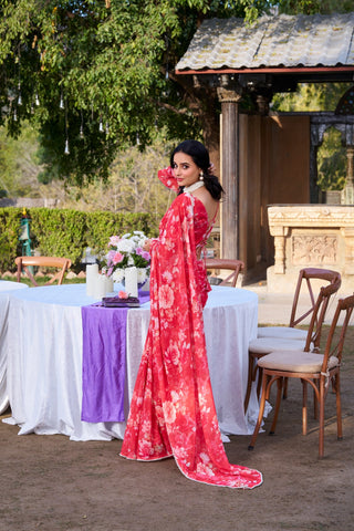 Red Refined Beauty Weightless Marble Printed Saree with Pearl Lace Border Clothsvilla