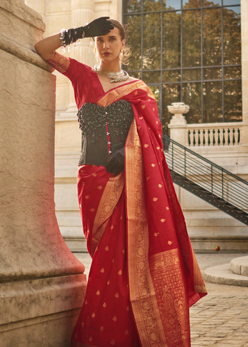 Red Regal Banarasi Blended Silk Saree with Intricate Timeless Design & Unstitched Blouse ClothsVilla