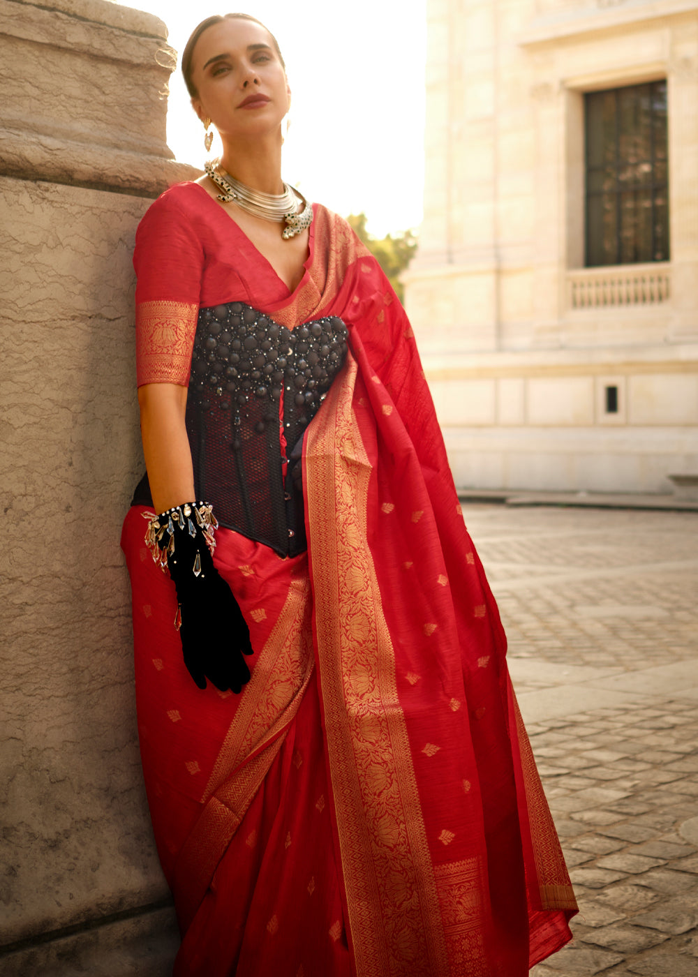 Red Regal Banarasi Blended Silk Saree with Intricate Timeless Design & Unstitched Blouse ClothsVilla