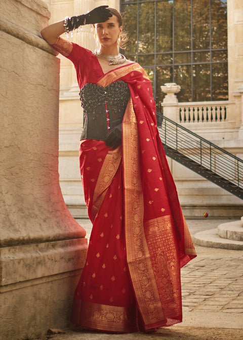 Red Regal Banarasi Blended Silk Saree with Intricate Timeless Design & Unstitched Blouse ClothsVilla Main image