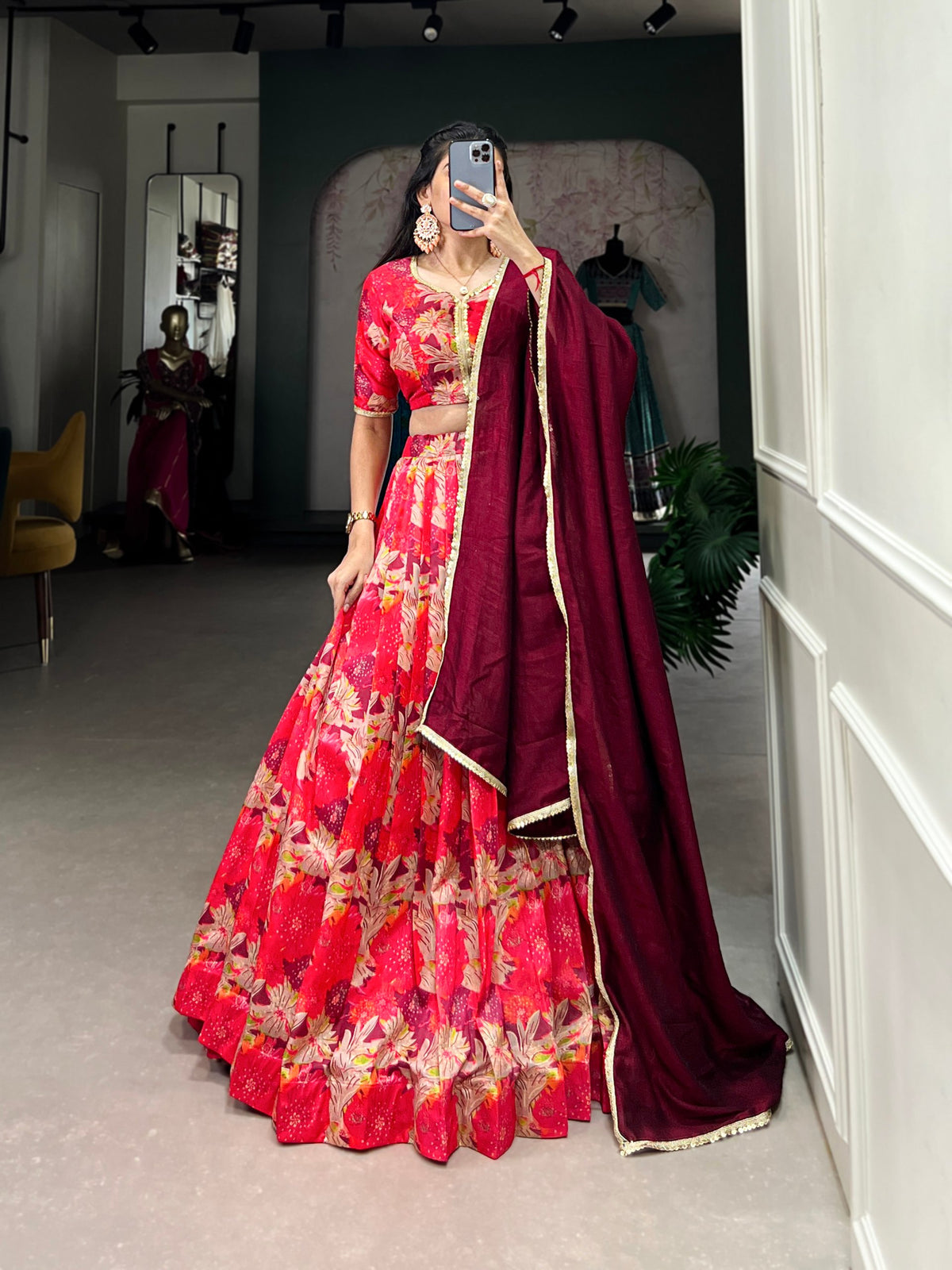 Red Regal Tussar Silk Stitched Lehenga Set with Vichitra Silk Dupatta Main image