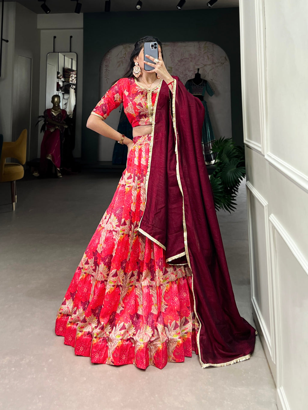 Red Regal Tussar Silk Stitched Lehenga Set with Vichitra Silk Dupatta