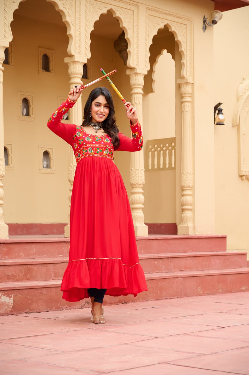 Red Reyon Kurti with Kutchi Gamthi Work ClothsVilla