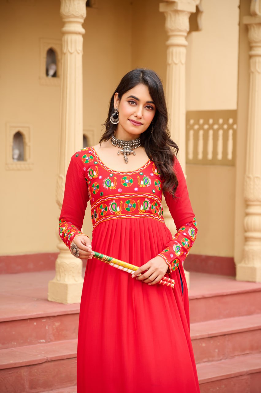 Red Reyon Kurti with Kutchi Gamthi Work ClothsVilla