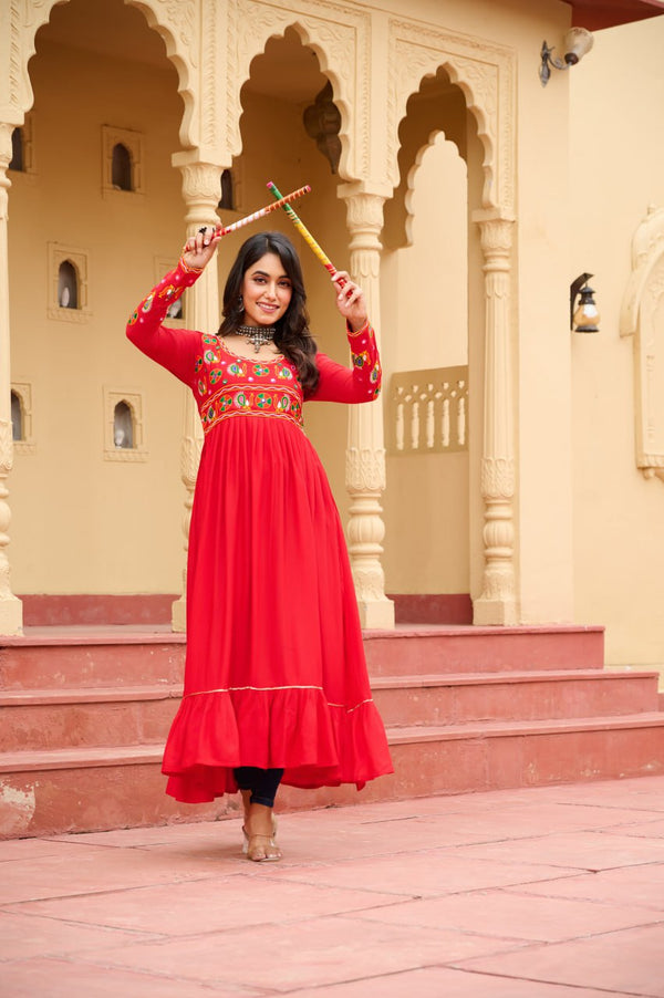 Red Reyon Kurti with Kutchi Gamthi Work ClothsVilla