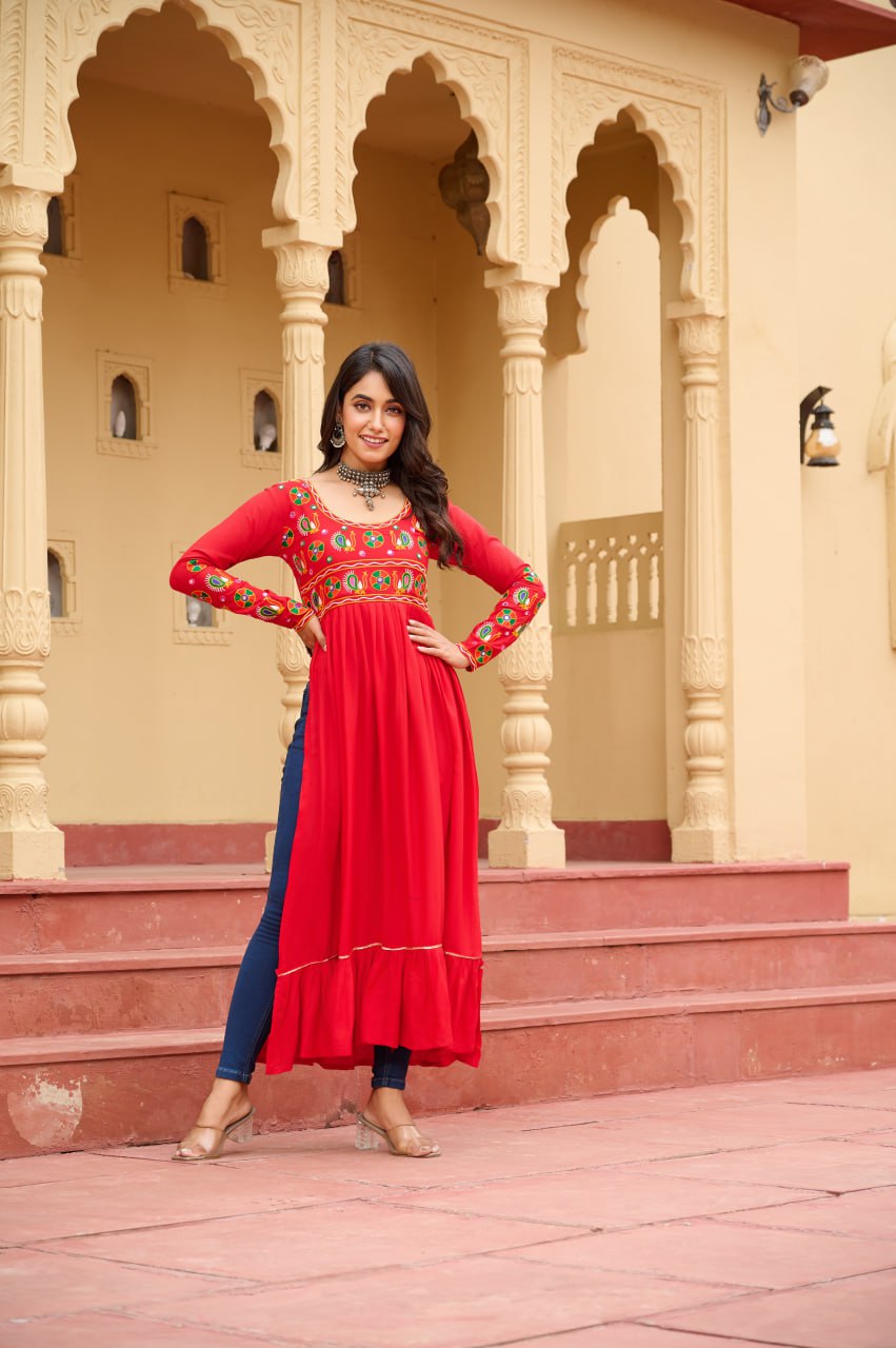 Red Reyon Kurti with Kutchi Gamthi Work ClothsVilla