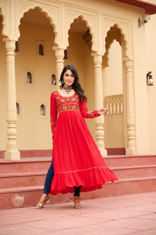 Red Reyon Kurti with Kutchi Gamthi Work ClothsVilla