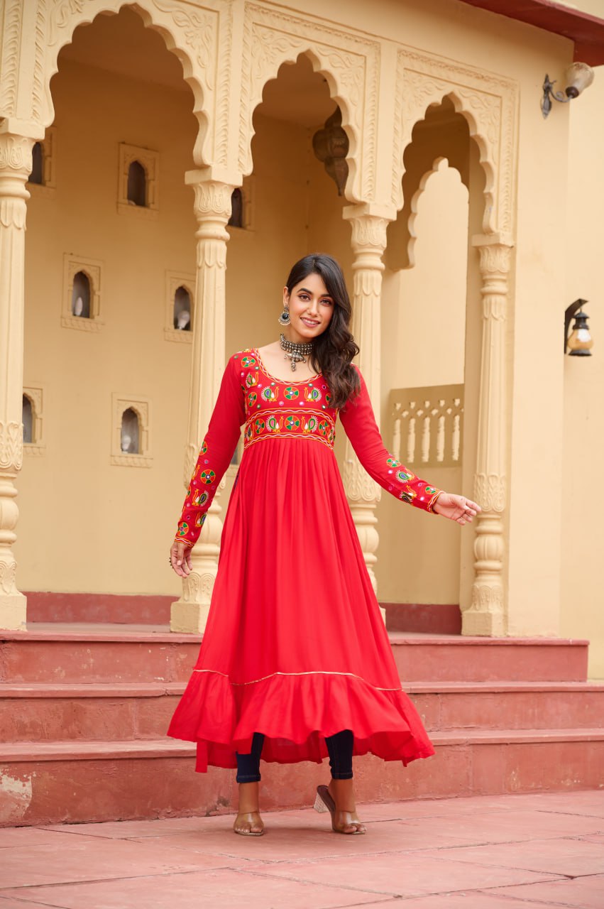 Red Reyon Kurti with Kutchi Gamthi Work ClothsVilla