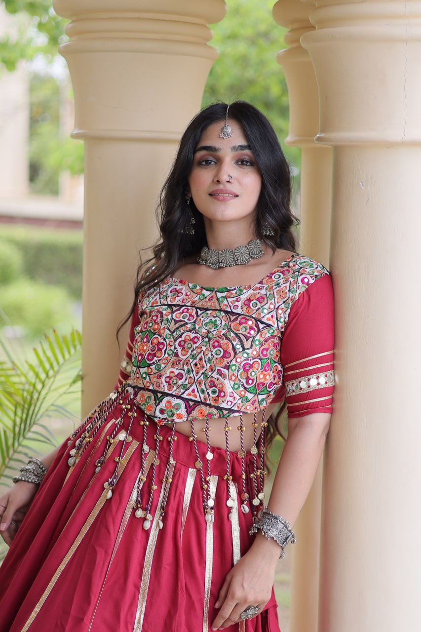 Red Reyon Lehenga Choli with Mirror work ClothsVilla