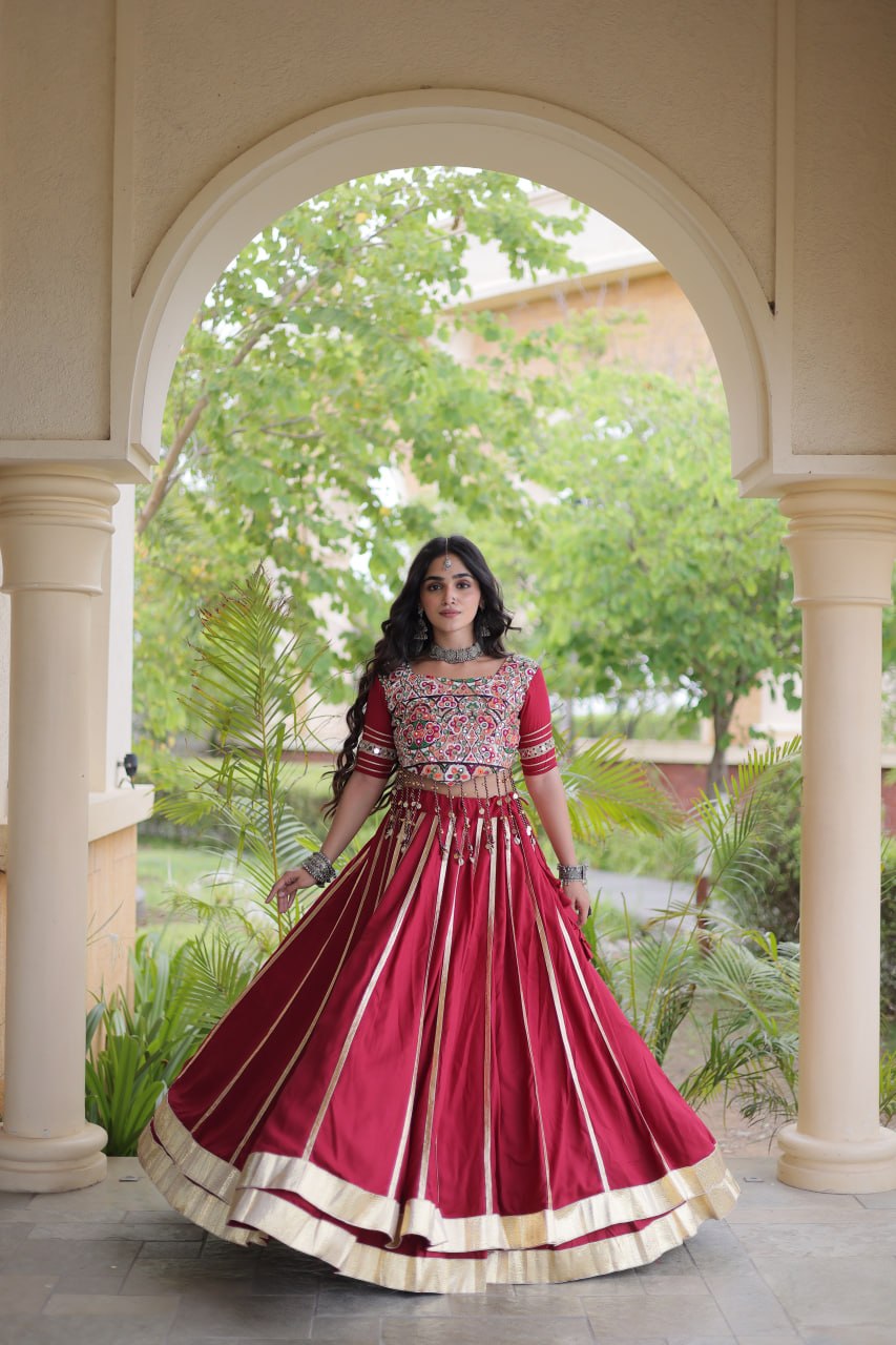 Red Reyon Lehenga Choli with Mirror work ClothsVilla