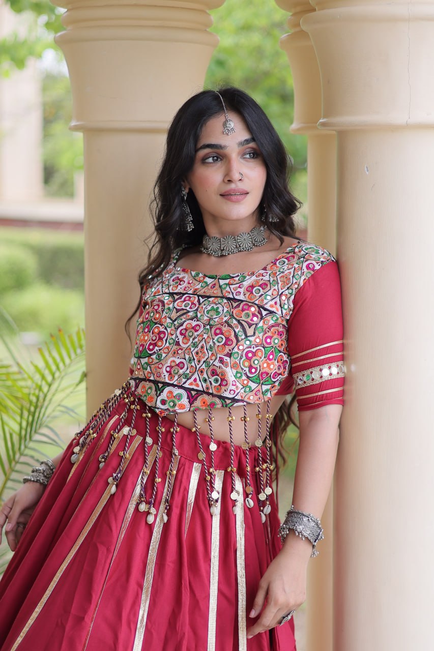 Red Reyon Lehenga Choli with Mirror work ClothsVilla