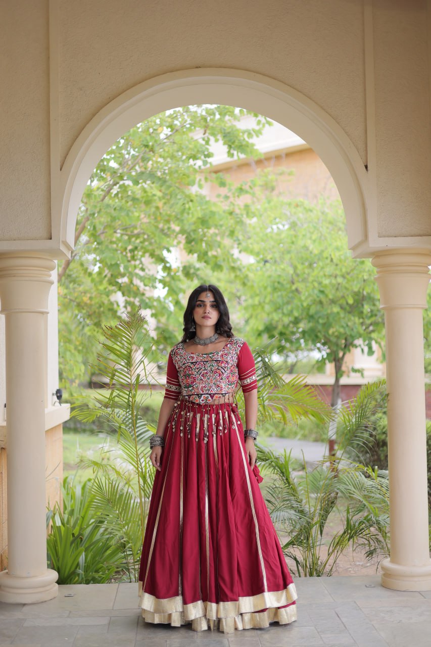 Red Reyon Lehenga Choli with Mirror work ClothsVilla