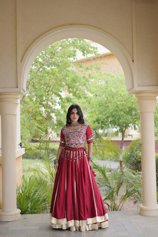 Red Reyon Lehenga Choli with Mirror work ClothsVilla