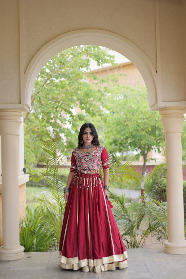 Red Reyon Lehenga Choli with Mirror work ClothsVilla