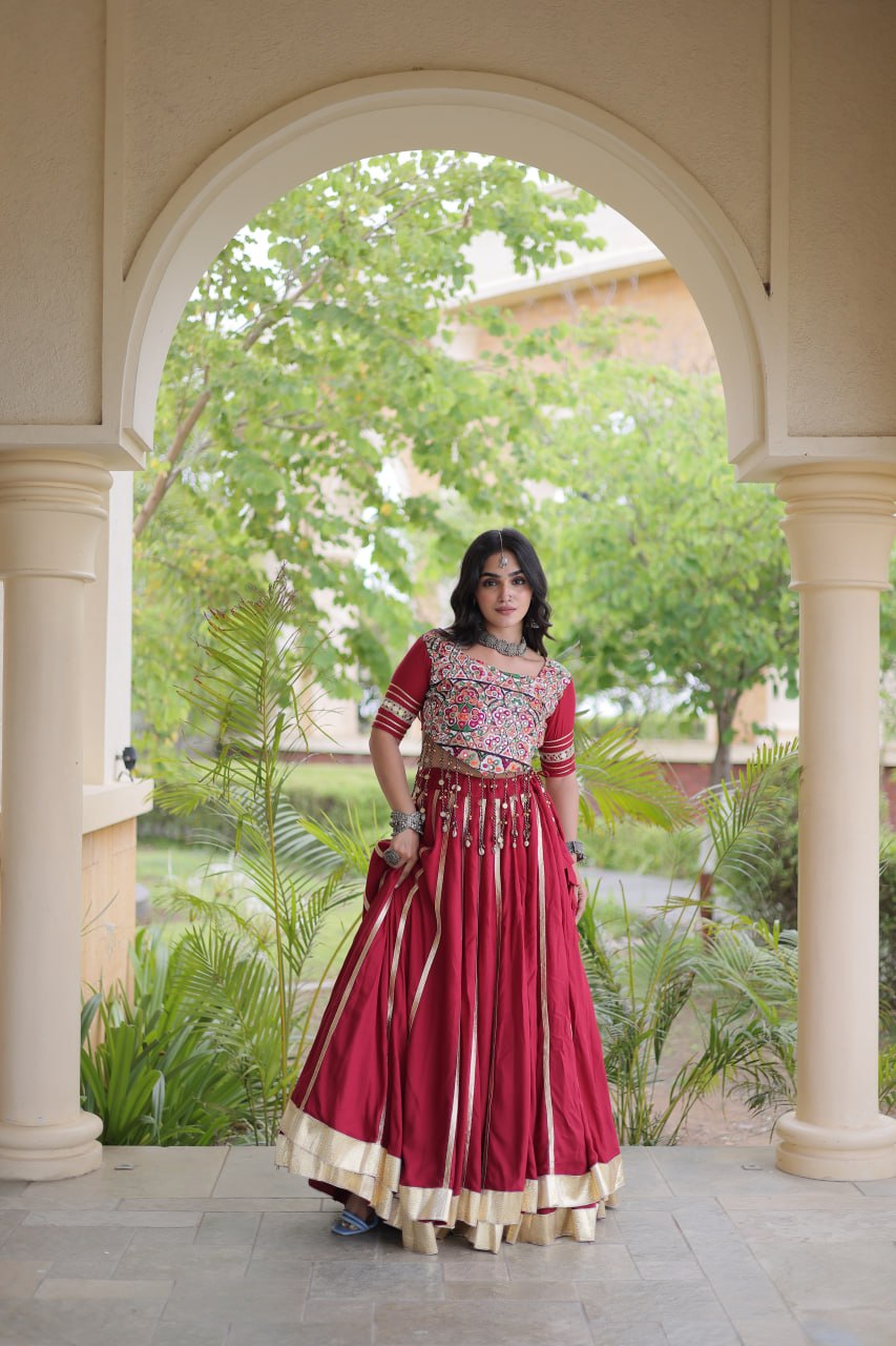 Red Reyon Lehenga Choli with Mirror work ClothsVilla