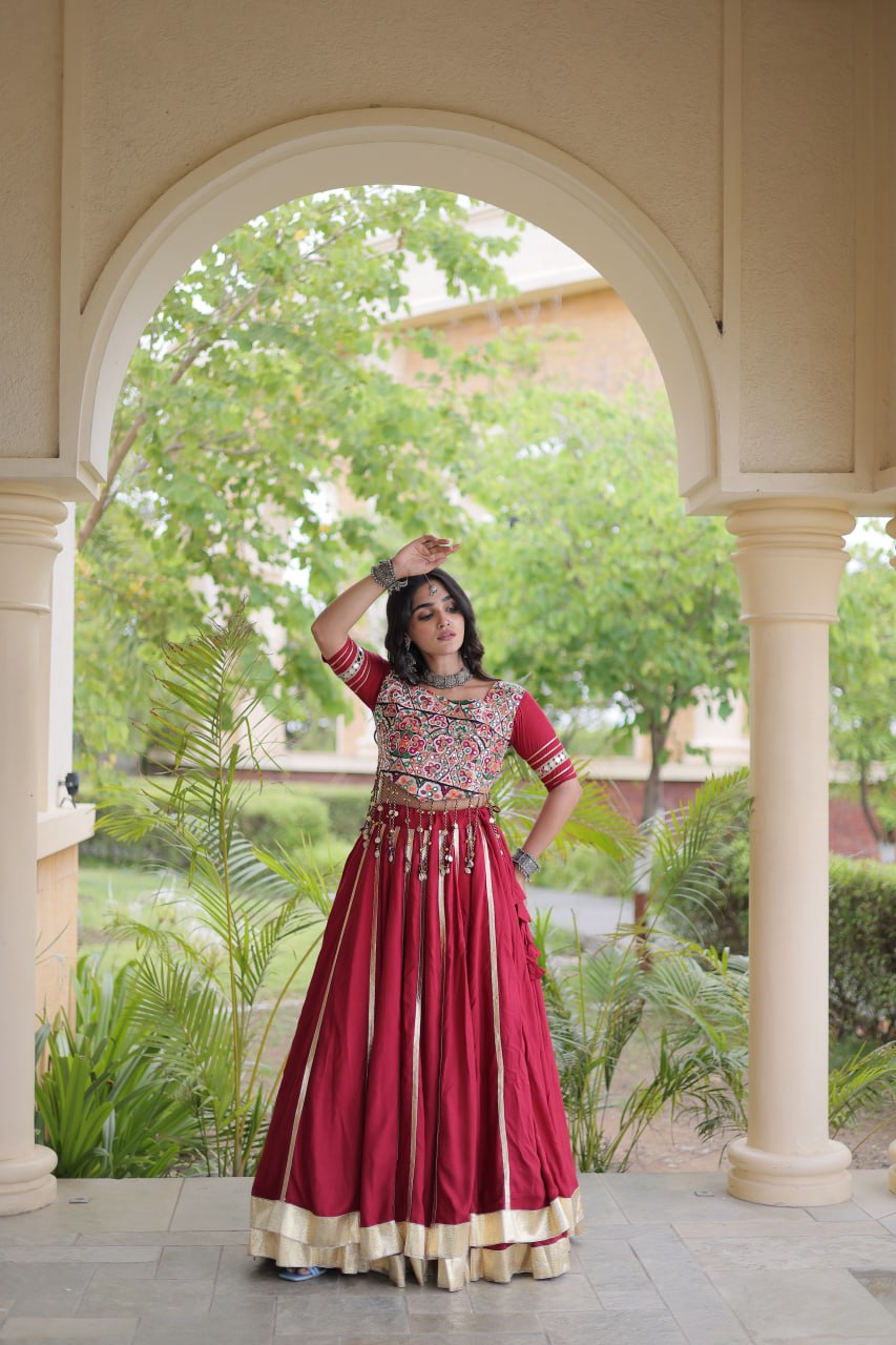Red Reyon Lehenga Choli with Mirror work ClothsVilla