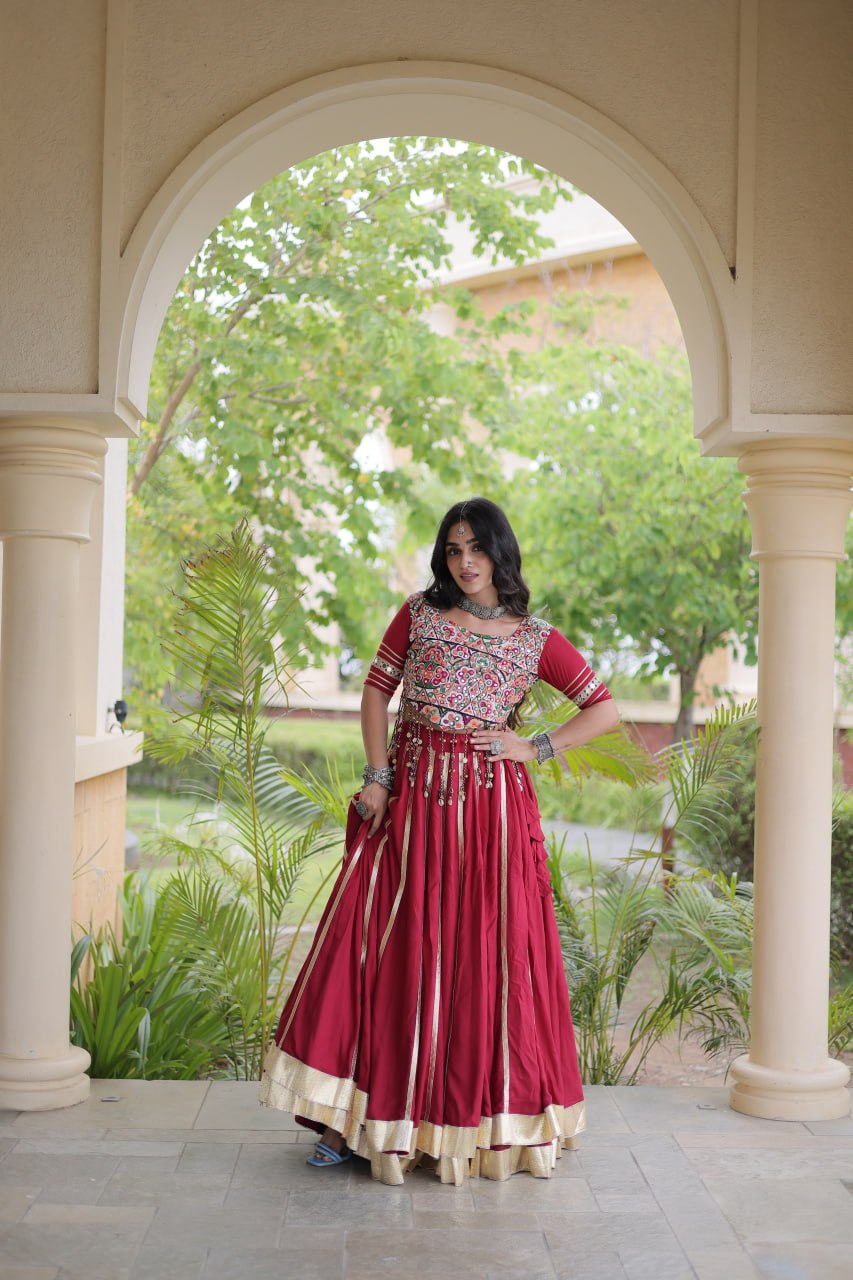 Red Reyon Lehenga Choli with Mirror work ClothsVilla