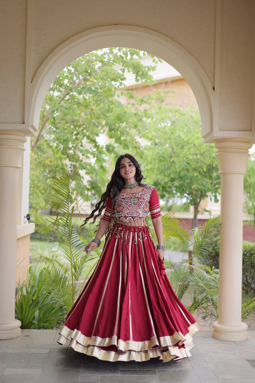 Red Reyon Lehenga Choli with Mirror work ClothsVilla