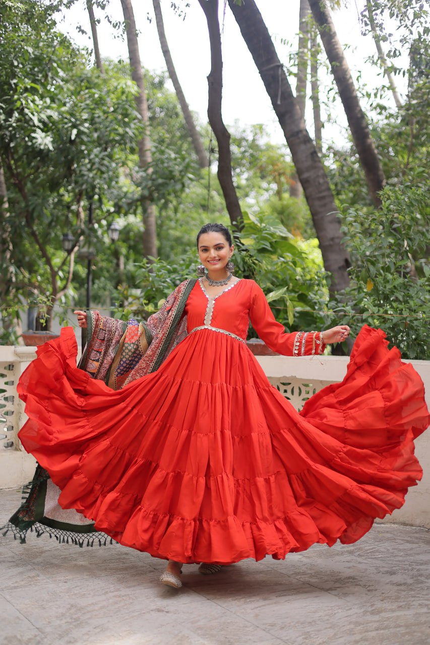 Orange Roman Fabric Frill-Stitched Gown with Maslin Crochet Dupatta ClothsVilla