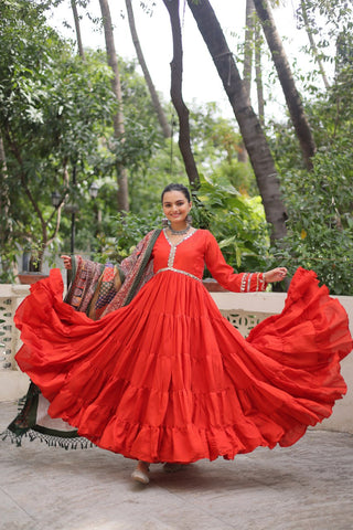 Orange Roman Fabric Frill-Stitched Gown with Maslin Crochet Dupatta ClothsVilla