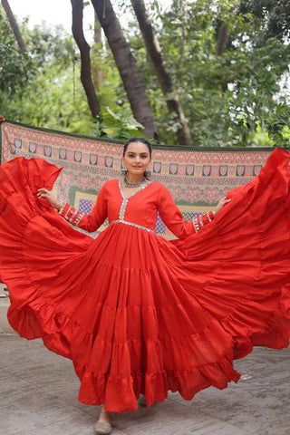 Orange Roman Fabric Frill-Stitched Gown with Maslin Crochet Dupatta ClothsVilla