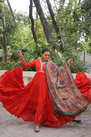 Orange Roman Fabric Frill-Stitched Gown with Maslin Crochet Dupatta ClothsVilla