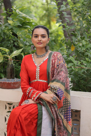 Orange Roman Fabric Frill-Stitched Gown with Maslin Crochet Dupatta ClothsVilla