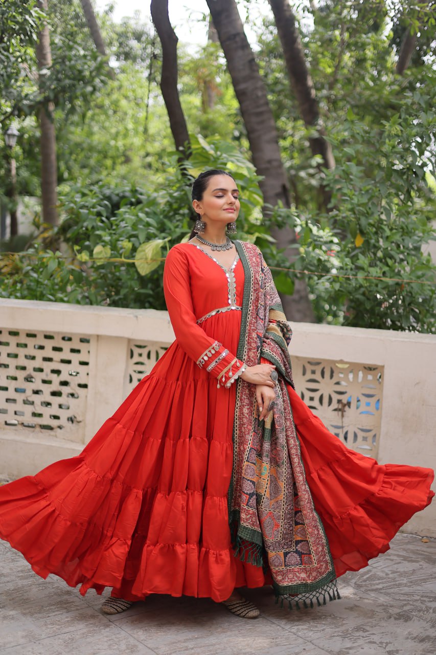 Orange Roman Fabric Frill-Stitched Gown with Maslin Crochet Dupatta ClothsVilla