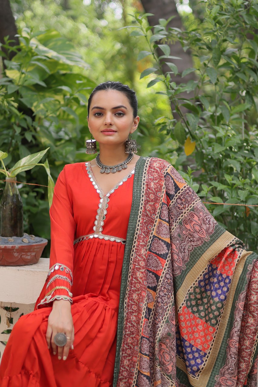 Orange Roman Fabric Frill-Stitched Gown with Maslin Crochet Dupatta ClothsVilla