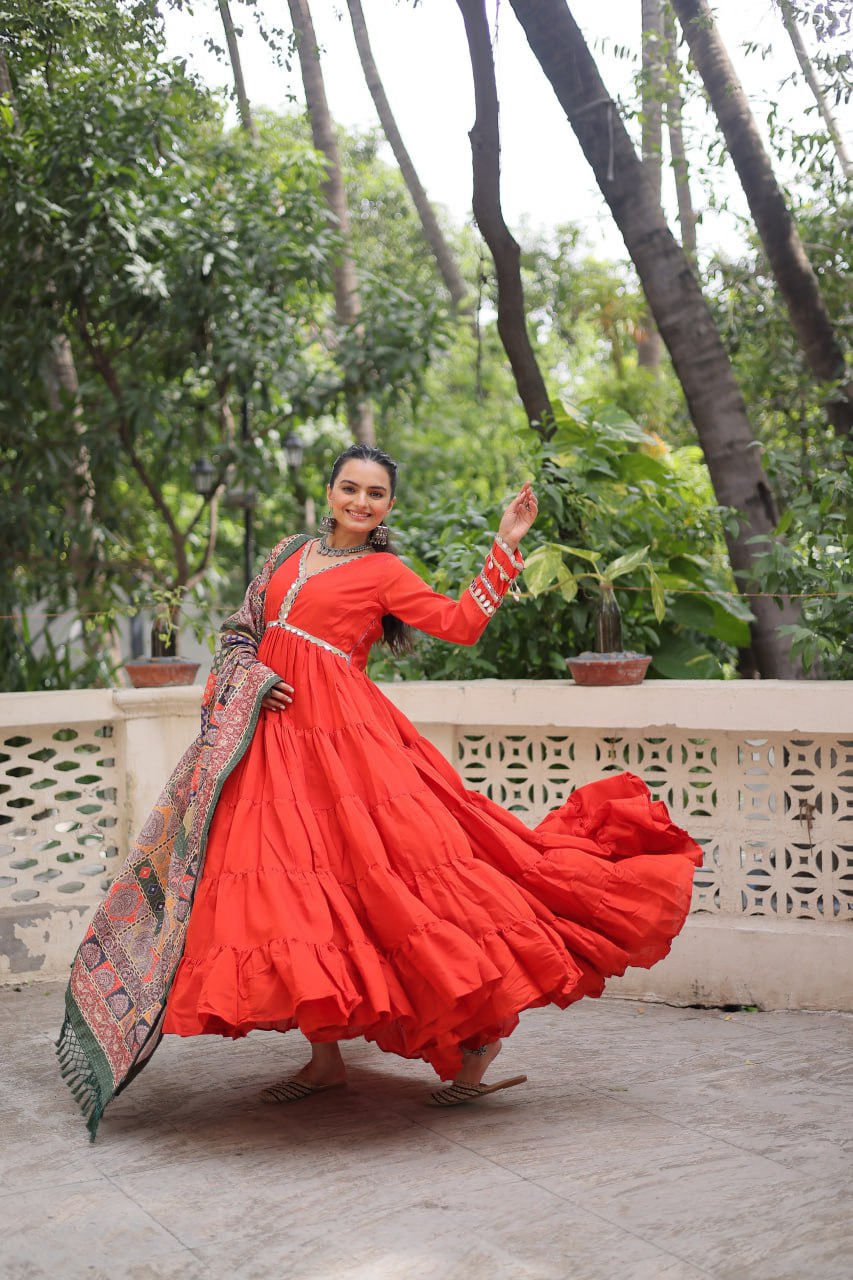 Orange Roman Fabric Frill-Stitched Gown with Maslin Crochet Dupatta ClothsVilla