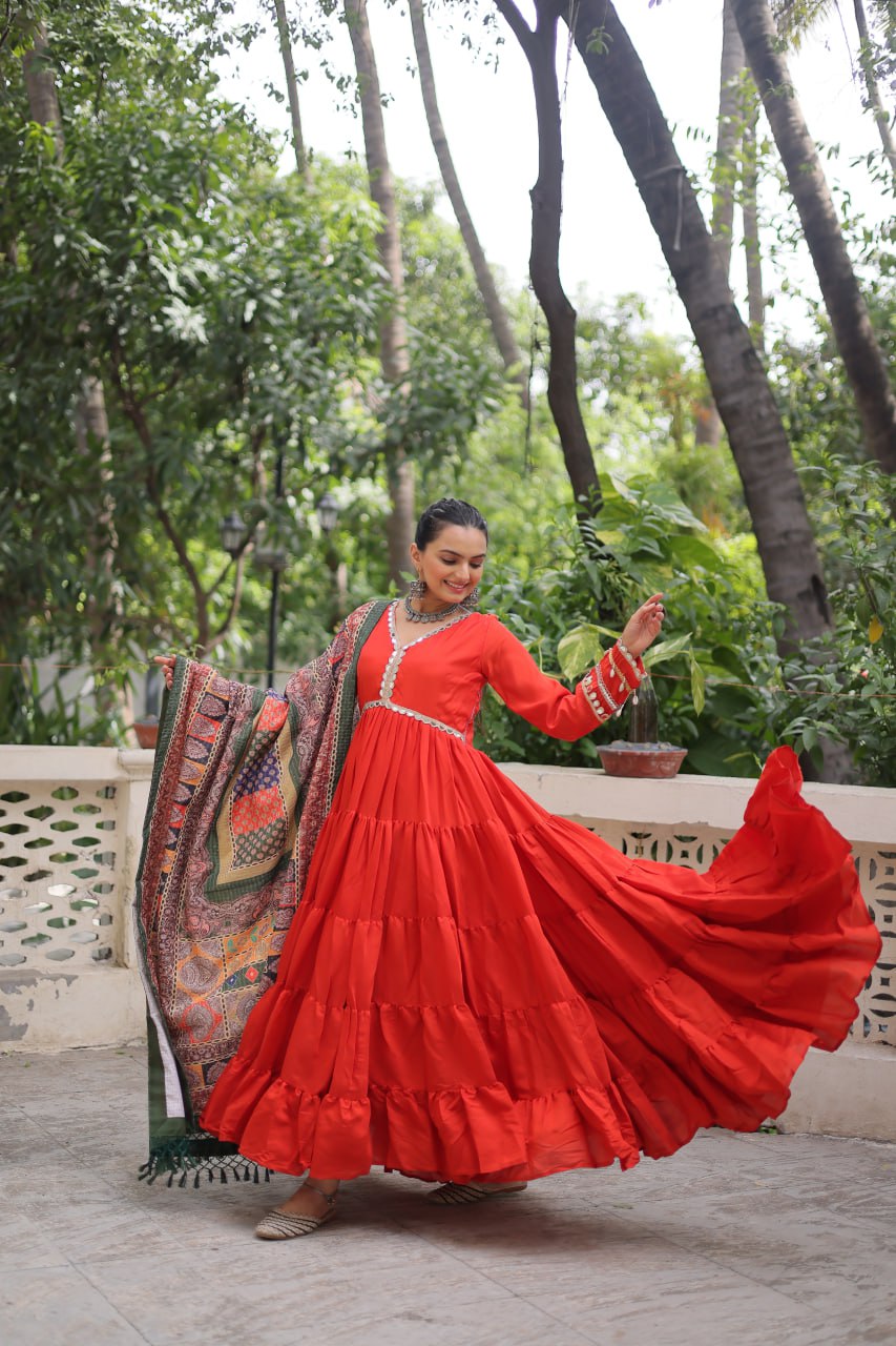 Orange Roman Fabric Frill-Stitched Gown with Maslin Crochet Dupatta ClothsVilla