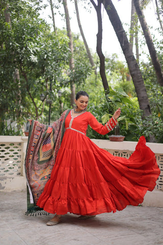 Orange Roman Fabric Frill-Stitched Gown with Maslin Crochet Dupatta ClothsVilla