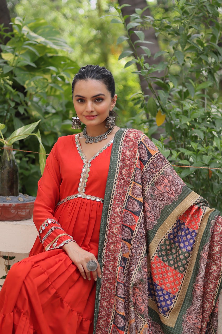 Orange Roman Fabric Frill-Stitched Gown with Maslin Crochet Dupatta ClothsVilla
