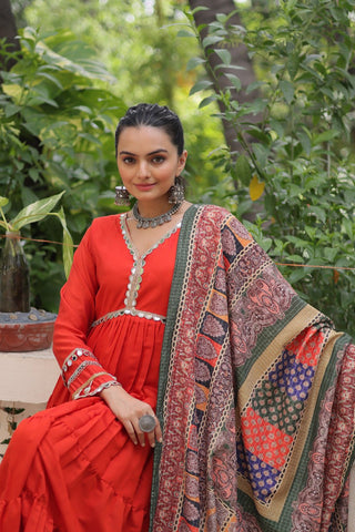 Orange Roman Fabric Frill-Stitched Gown with Maslin Crochet Dupatta ClothsVilla