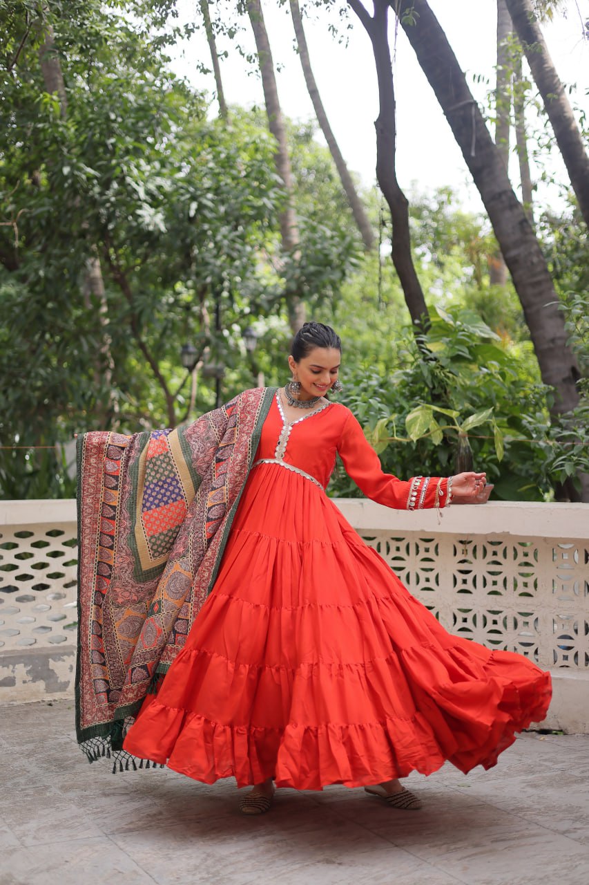 Orange Roman Fabric Frill-Stitched Gown with Maslin Crochet Dupatta ClothsVilla