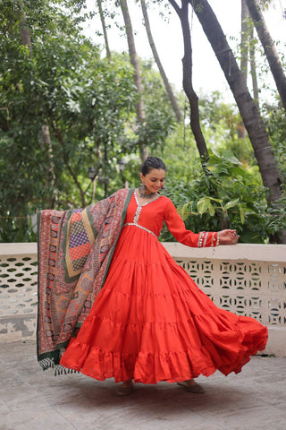 Orange Roman Fabric Frill-Stitched Gown with Maslin Crochet Dupatta ClothsVilla