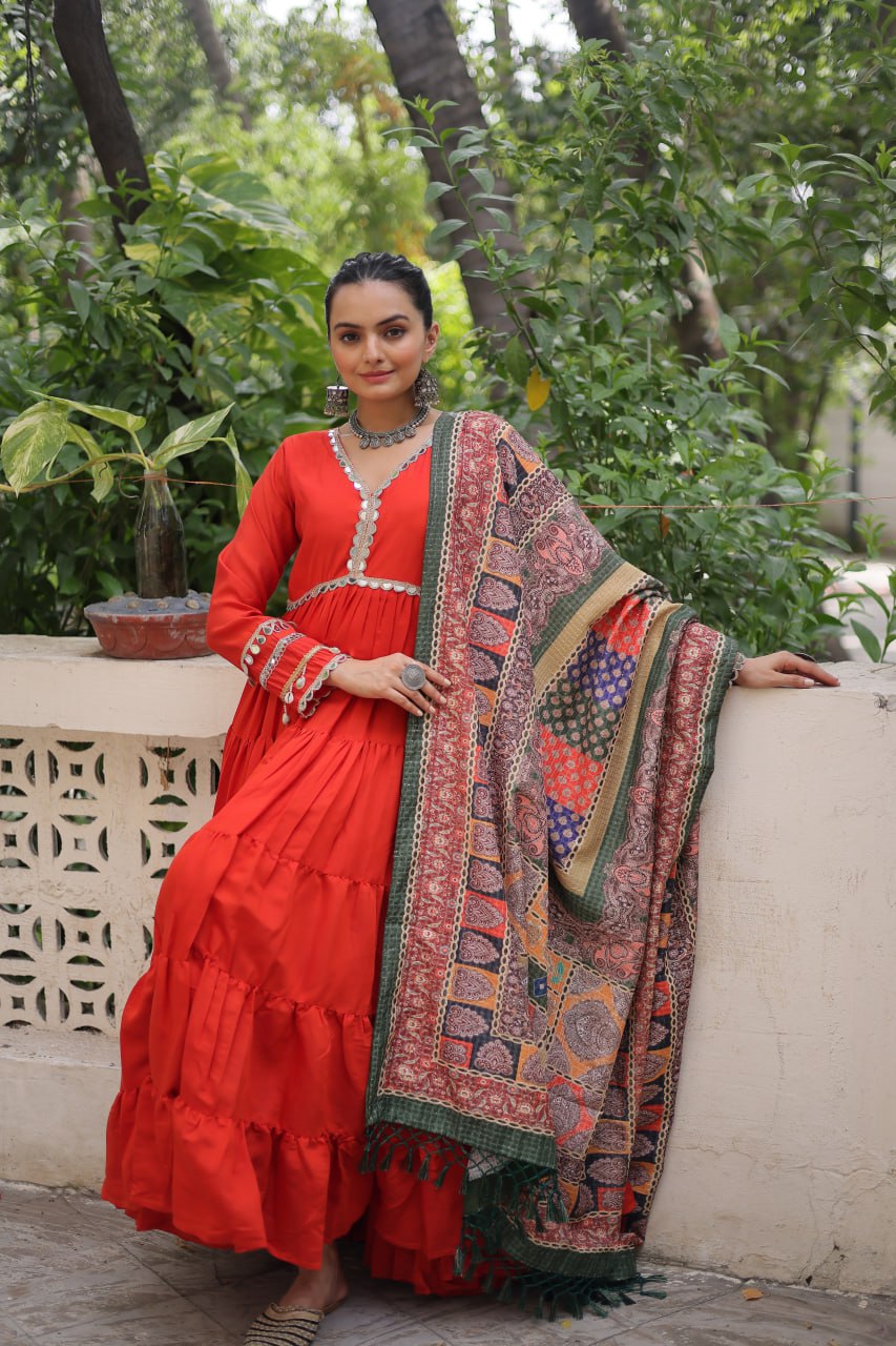 Orange Roman Fabric Frill-Stitched Gown with Maslin Crochet Dupatta ClothsVilla